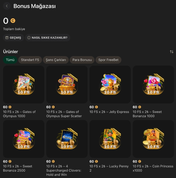 1King Bonus Mağazası ekranından free spin ödülleri