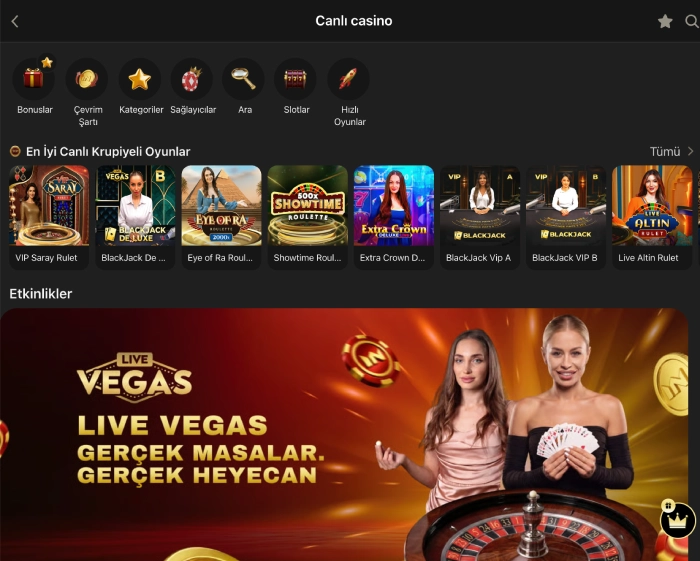 1King Canlı Casino lobisinden ekran görüntüsü
