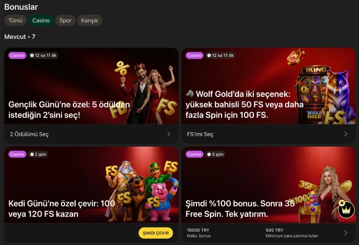 1King Bonus listesinde casino ve spor promosyon kartları